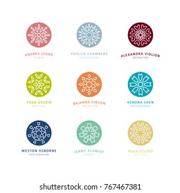Set vector design template round logo with loop and swirl element nature style. Abstract sign for identity, organic  or yoga shop. Circle symbol with flower style for boutiqu or monogram concept. 