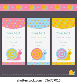 Set of vector design templates for baby holidays. Kids background, design elements with snail.