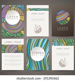 Set of vector design templates. Brochures in random colorful style. Vintage frames and backgrounds.