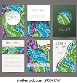 Set of vector design templates. Brochures in random colorful style. Vintage frames and backgrounds.
