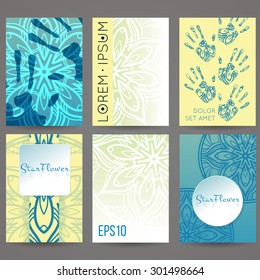 Set of vector design templates. Brochures in random colorful style. Vintage frames and backgrounds. Flower, mandala design.