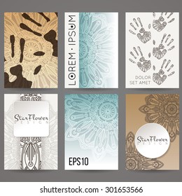 Set of vector design templates. Brochures in random colorful style. Vintage frames and backgrounds. Flower, mandala design.
