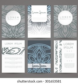 Set of vector design templates. Brochures in random colorful style. Vintage frames and backgrounds. Flower, mandala design.