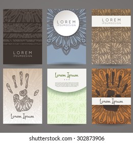 Set of vector design templates. Brochures in random colorful style. Vintage frames and backgrounds. Flower, mandala design.
