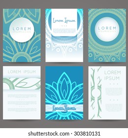 Set of vector design templates. Brochures in random colorful style. Vintage frames and backgrounds. Flower, mandala design.