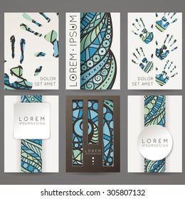 Set of vector design templates. Brochures in random colorful style. Vintage frames and backgrounds.