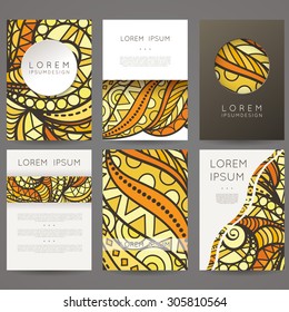 Set of vector design templates. Brochures in random colorful style. Vintage frames and backgrounds.