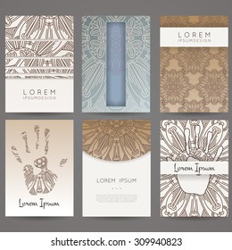 Set of vector design templates. Brochures in random colorful style. Vintage frames and backgrounds. Flower, mandala design.