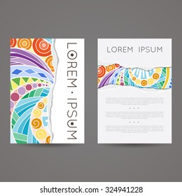 Set of vector design templates. Brochures in random colorful style. Vintage frames and backgrounds. Zentangle designs.