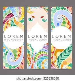 Set of vector design templates. Brochures in random colorful style. Vintage frames and backgrounds. Zentangle designs. Eye.