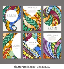 Set of vector design templates. Brochures in random colorful style. Vintage frames and backgrounds. Zentangle designs.