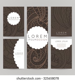 Set of vector design templates. Brochures in random style. Vintage frames and backgrounds. Zentangle designs.