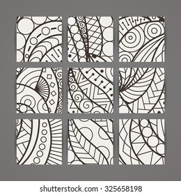 Set of vector design templates. Brochures in random style. Vintage backgrounds. Zentangle designs.
