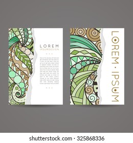 Set of vector design templates. Brochures in random colorful style. Vintage backgrounds. Zentangle designs.