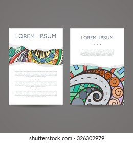 Set of vector design templates. Brochures in random colorful style. Vintage frames and backgrounds. Zentangle designs.