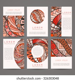 Set of vector design templates. Brochures in random colorful style. Vintage frames and backgrounds. Zentangle designs.