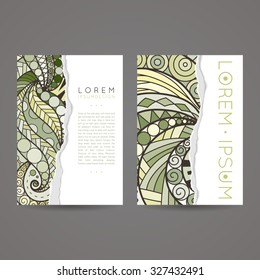 Set of vector design templates. Brochures in random colorful style. Vintage frames and backgrounds. Zentangle designs.