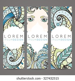 Set of vector design templates. Brochures in random colorful style. Vintage frames and backgrounds. Zentangle designs. Eye.