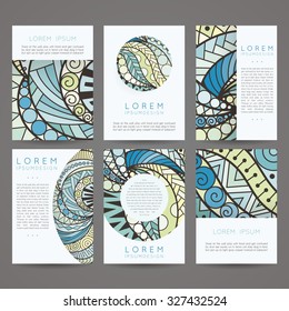 Set of vector design templates. Brochures in random colorful style. Vintage frames and backgrounds. Zentangle designs.