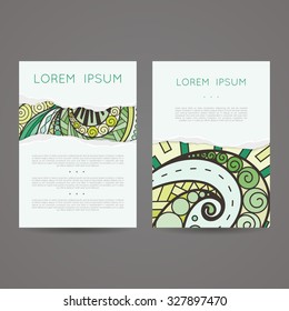 Set of vector design templates. Brochures in random colorful style. Vintage frames and backgrounds. Zentangle designs.