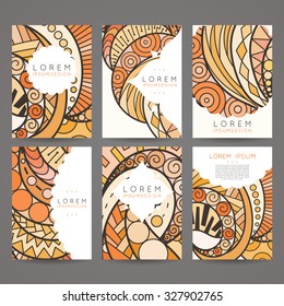 Set of vector design templates. Brochures in random colorful style. Vintage frames and backgrounds. Zentangle designs.