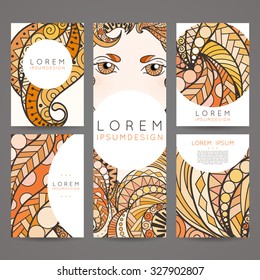 Set of vector design templates. Brochures in random colorful style. Vintage frames and backgrounds. Zentangle designs. Eye.