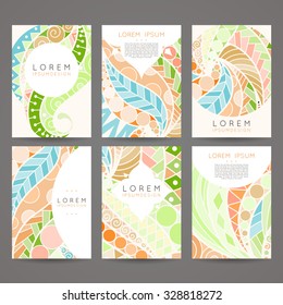 Set of vector design templates. Brochures in random colorful style. Vintage frames and backgrounds. Zentangle designs.