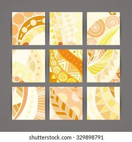 Set of vector design templates. Brochures in random colorful style. Vintage frames and backgrounds. Zentangle designs.