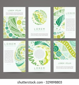 Set of vector design templates. Brochures in random colorful style. Vintage frames and backgrounds. Zentangle designs.