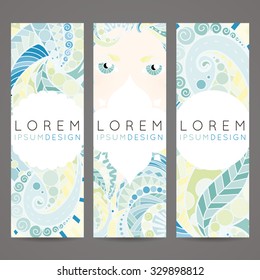 Set of vector design templates. Brochures in random colorful style. Vintage frames and backgrounds. Zentangle designs. Eye.