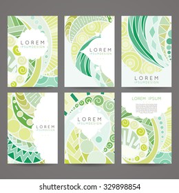 Set of vector design templates. Brochures in random colorful style. Vintage frames and backgrounds. Zentangle designs.