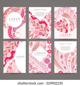 Set of vector design templates. Brochures in random colorful style. Vintage frames and backgrounds. Zentangle designs.
