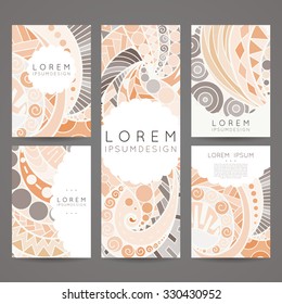 Set of vector design templates. Brochures in random colorful style. Vintage frames and backgrounds. Zentangle designs.