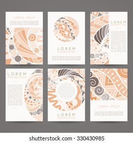 Set of vector design templates. Brochures in random colorful style. Vintage frames and backgrounds. Zentangle designs.