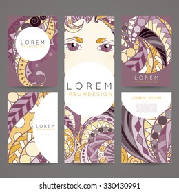 Set of vector design templates. Brochures in random colorful style. Vintage frames and backgrounds. Zentangle designs. Eye.