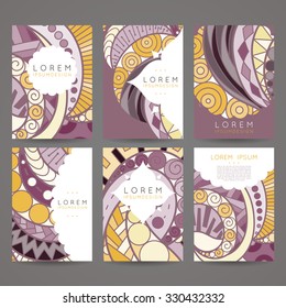 Set of vector design templates. Brochures in random colorful style. Vintage frames and backgrounds. Zentangle designs.