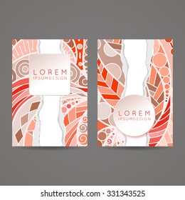 Set of vector design templates. Brochures in random colorful style. Vintage frames and backgrounds. Zentangle designs.