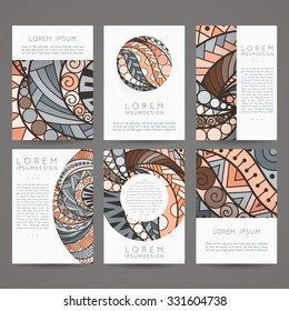 Set of vector design templates. Brochures in random colorful style. Vintage frames and backgrounds. Zentangle designs.