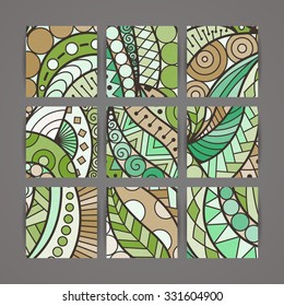 Set of vector design templates. Brochures in random colorful style. Vintage frames and backgrounds. Zentangle designs.