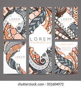 Set of vector design templates. Brochures in random colorful style. Vintage frames and backgrounds. Zentangle designs.