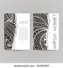 Set of vector design templates. Brochures in random colorful style. Vintage frames and backgrounds. Zentangle designs.