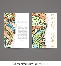 Set of vector design templates. Brochures in random colorful style. Vintage frames and backgrounds. Zentangle designs.