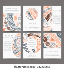 Set of vector design templates. Brochures in random colorful style. Vintage frames and backgrounds. Zentangle designs.