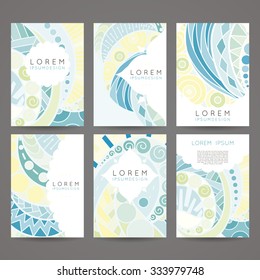 Set of vector design templates. Brochures in random colorful style. Vintage frames and backgrounds. Zentangle designs.