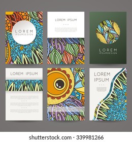 Set of vector design templates. Brochures in random colorful style. Vintage frames and backgrounds. Zentangle designs.