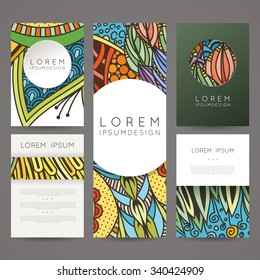 Set of vector design templates. Brochures in random colorful style. Vintage frames and backgrounds. Zentangle designs.