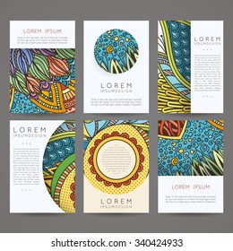 Set Of Vector Design Templates. Brochures In Random Colorful Style. Vintage Frames And Backgrounds. Zentangle Designs.