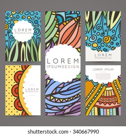 Set of vector design templates. Brochures in random colorful style. Vintage frames and backgrounds. Zentangle designs.