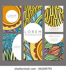 Set of vector design templates. Brochures in random colorful style. Vintage frames and backgrounds. Zentangle designs.