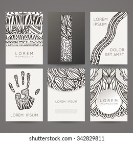 Set of vector design templates. Brochures in random colorful style. Vintage frames and backgrounds. Zentangle designs.